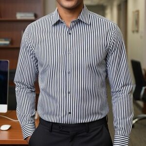 GAP Slim Fit Striped Dress Shirt - Charcoal Grey and White - 100% Cotton